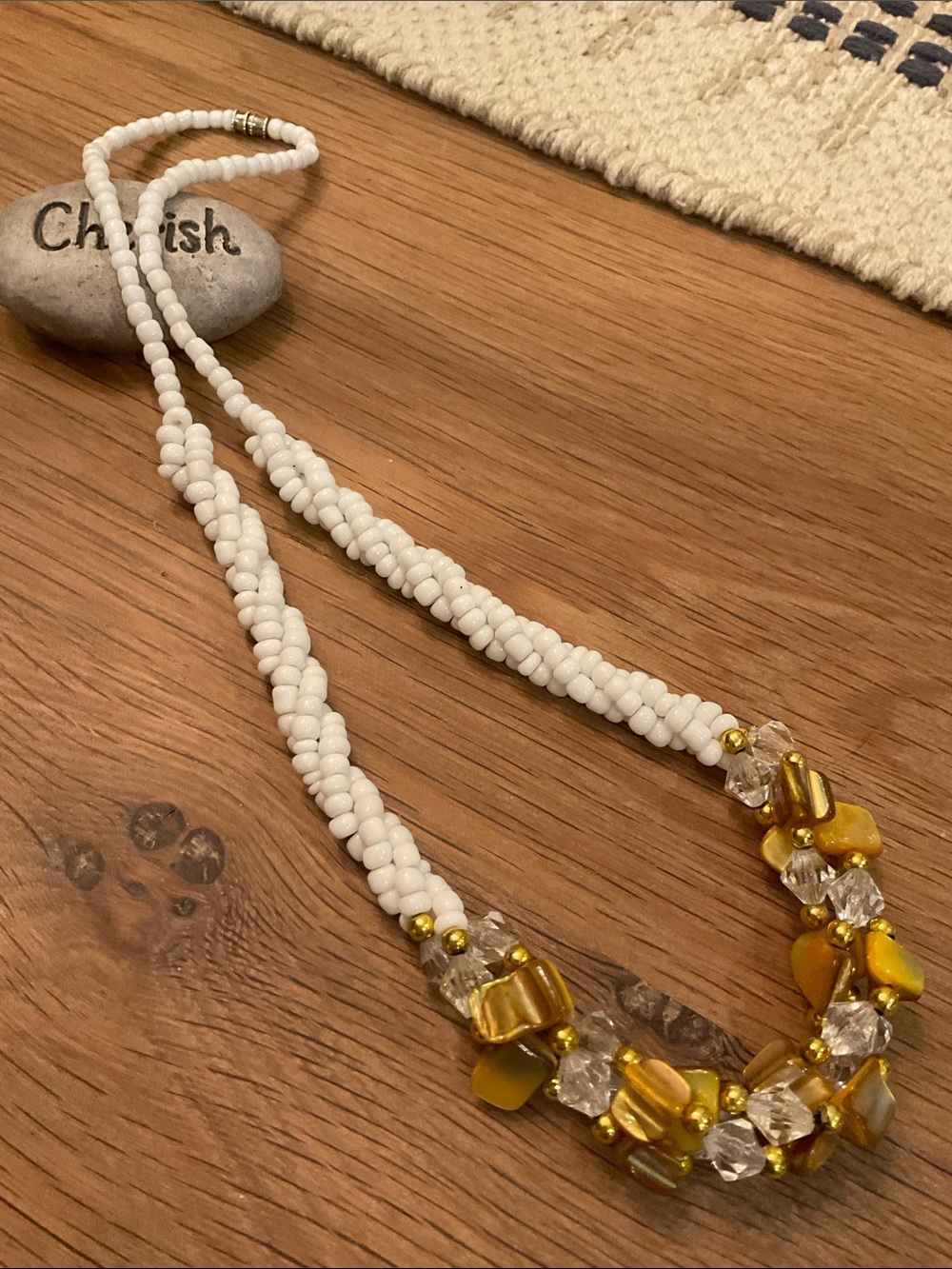 Handcrafted Twisted Beaded Necklace With White and Gold Beads